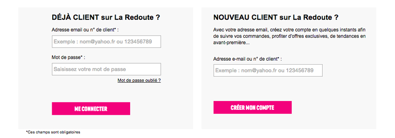 L'étape d'identification sur le site de La Redoute