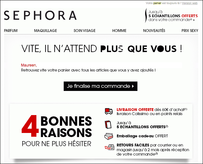 Un exemple de mail de relance par Sephora