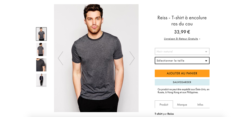 Exemple d'une des fiches produits sur le site Asos avec 4 photos d'un tee-shirt sous plusieurs angle