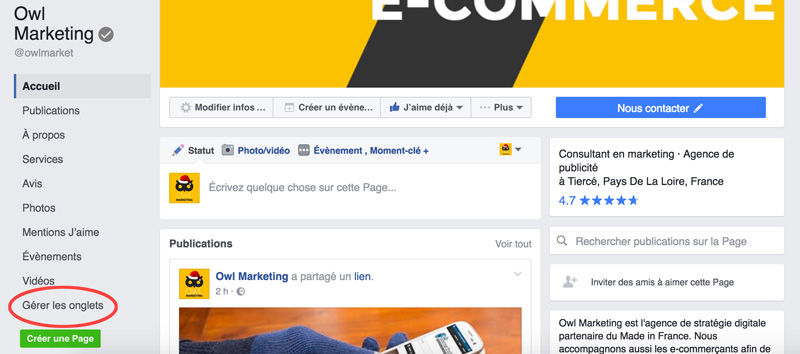 Gérer la disposition des onglets sur la page facebook