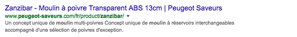 Exemple de balise meta title et description optimisées pour le SEO - Peugeot