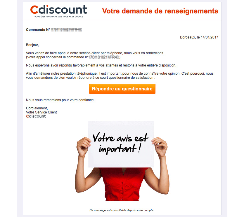 cdiscount demande d'avis client par e-mail